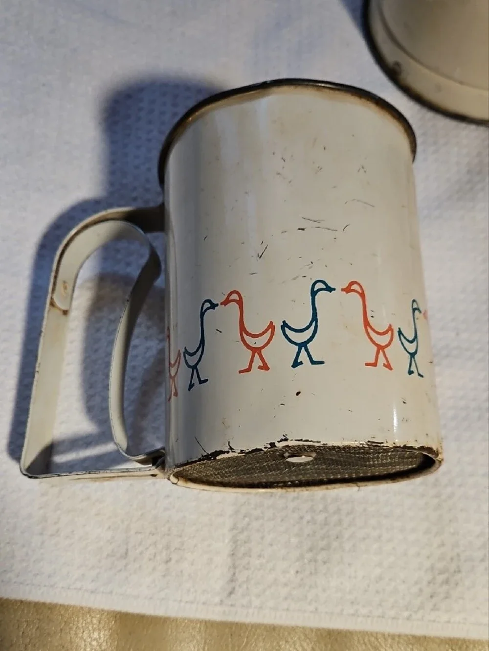 Vintage Androck Large & Small Flour Sifters with Blue & Red Bird Motif